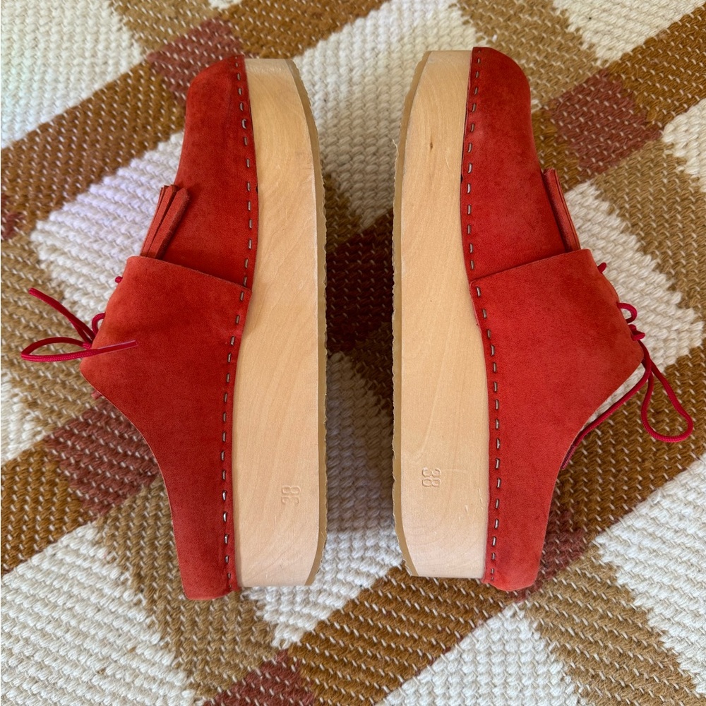 Bryr Red Suede Fringe Lace-Up Clogs - Picture 3 of 5